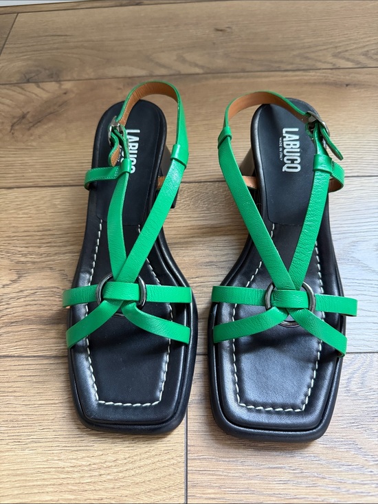 Labucq Shoes - Labucq Green Leather Strappy Sandals with Black Footbed